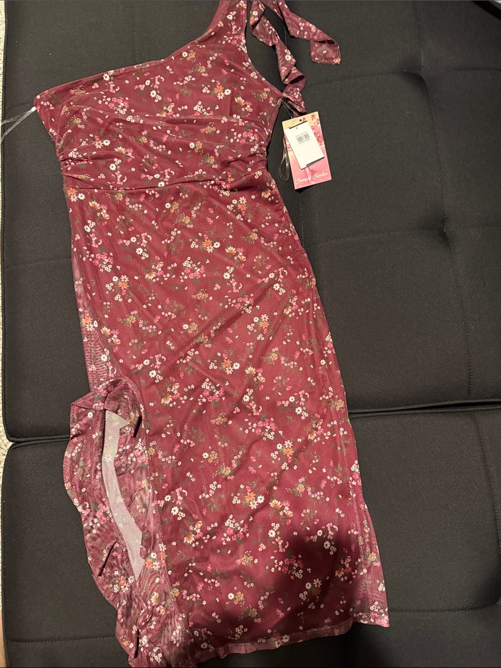 Dry Goods Burgundy Floral One-Shoulder Midi Dress